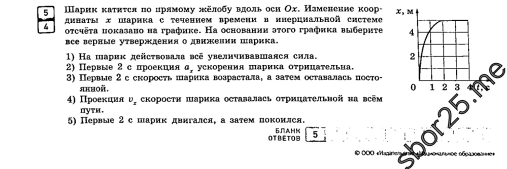 Шарик катится по прямому жёлобу вдоль оси Ох. Изменение координаты х шарика с течением времени в инерциальной системе отсчёта показано на графике. На основании этого графика выберите все верные утверждения о движении шарика.