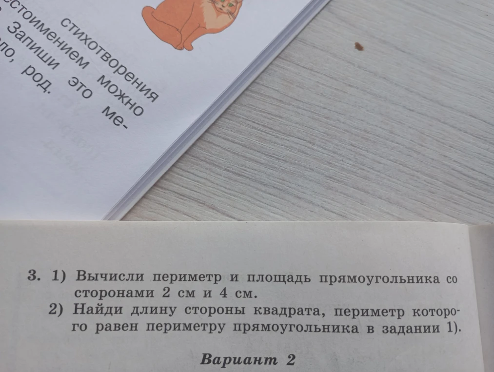 3. 1) Вычисли периметр и площадь прямоугольника со сторонами 2 см и 4 см. 2) Найди длину стороны квадрата, периметр которого равен периметру прямоугольника в задании 1).