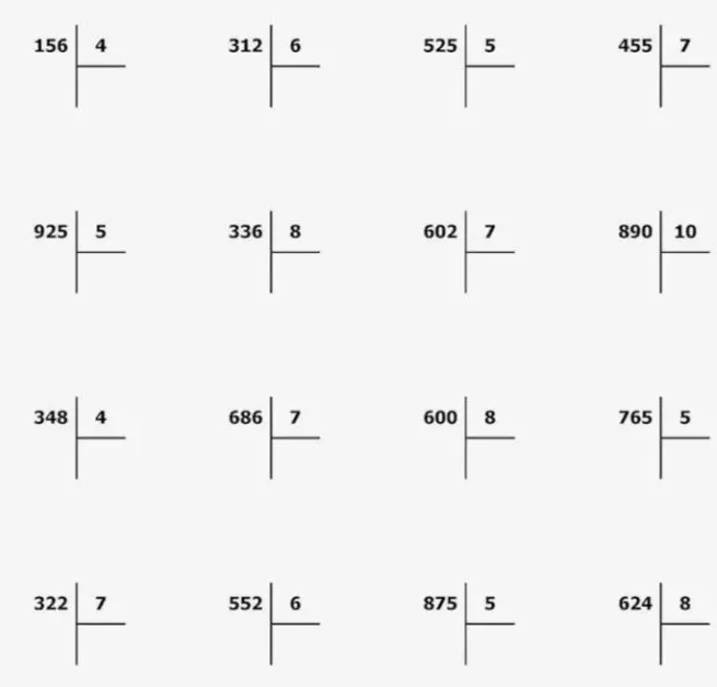 156 / 4, 312 / 6, 525 / 5, 455 / 7, 925 / 5, 336 / 8, 602 / 7, 890 / 10, 348 / 4, 686 / 7, 600 / 8, 765 / 5, 322 / 7, 552 / 6, 875 / 5, 624 / 8