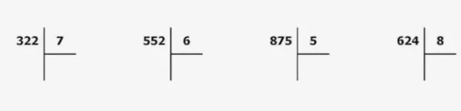 322 / 7, 552 / 6, 875 / 5, 624 / 8