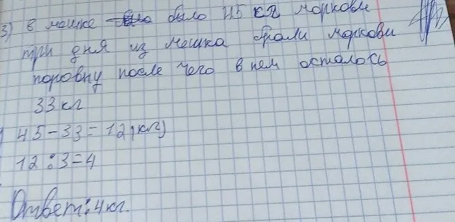 3) В мешке было 45 кг моркови. Три дня из мешка брали моркови поровну, после чего в нем осталось 33 кг.