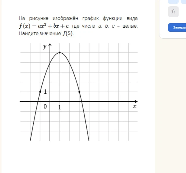 На рисунке изображён график функции вида f(x) = ax^2 + bx + c, где числа a, b, c - целые. Найдите значение f(5).