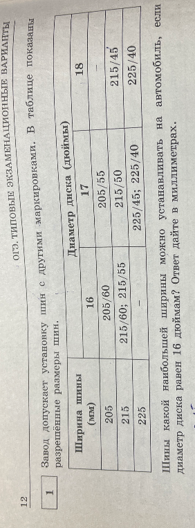 Шины какой наибольшей ширины можно устанавливать на автомобиль, если диаметр диска равен 16 дюймам? Ответ дайте в миллиметрах.