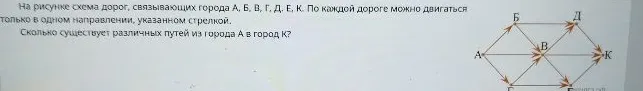 На рисунке схема дорог, связывающих города А, Б, В, Г, Д, Е, К. По каждой дороге можно двигаться только в одном направлении, указанном стрелкой. Сколько существует различных путей из города А в город К?