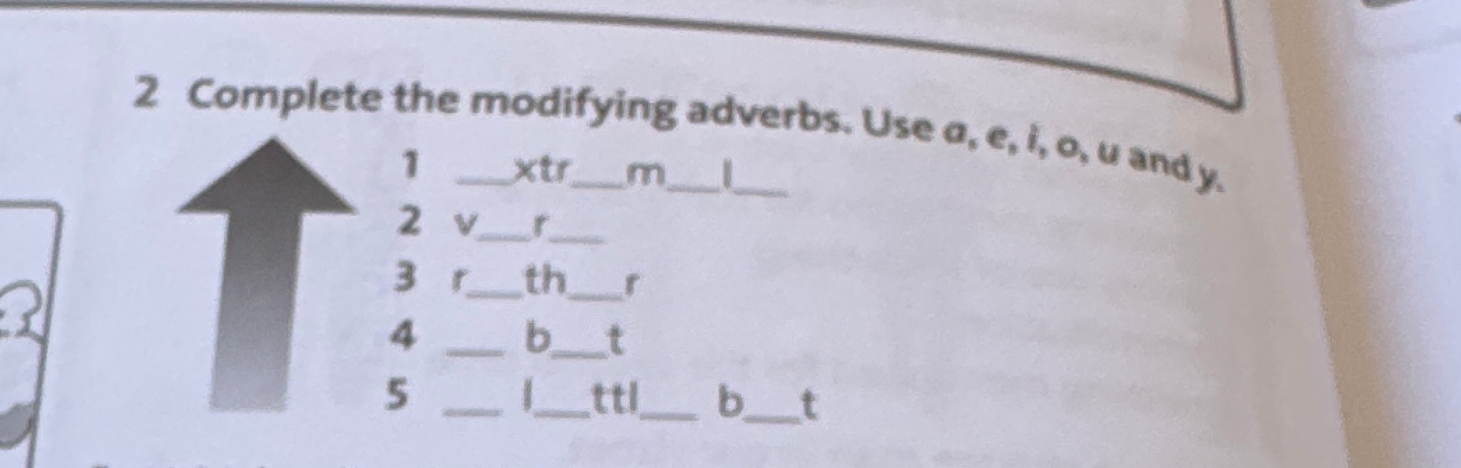 Complete the modifying adverbs. Use a, e, i, o, u and y.