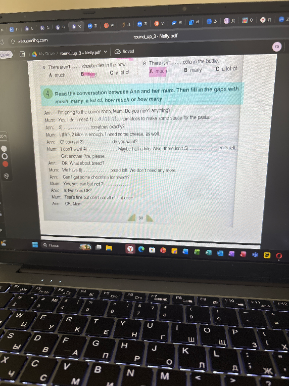 Read the conversation between Ann and her mum. Then fill in the gaps with much, many, a lot of, how much or how many.