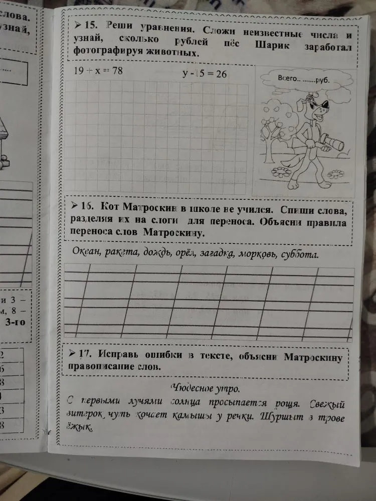15. Реши уравнения. Сложи неизвестные числа и узнай, сколько рублей пёс Шарик заработал фотографируя животных.