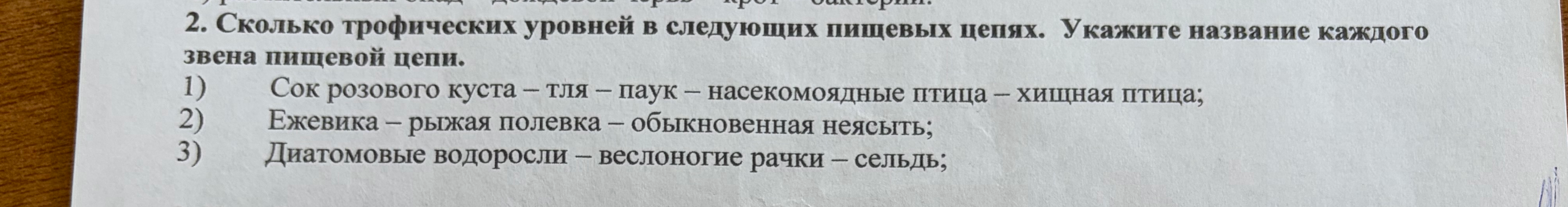 Сколько трофических уровней в следующих пищевых цепях. Укажите название каждого звена пищевой цепи.