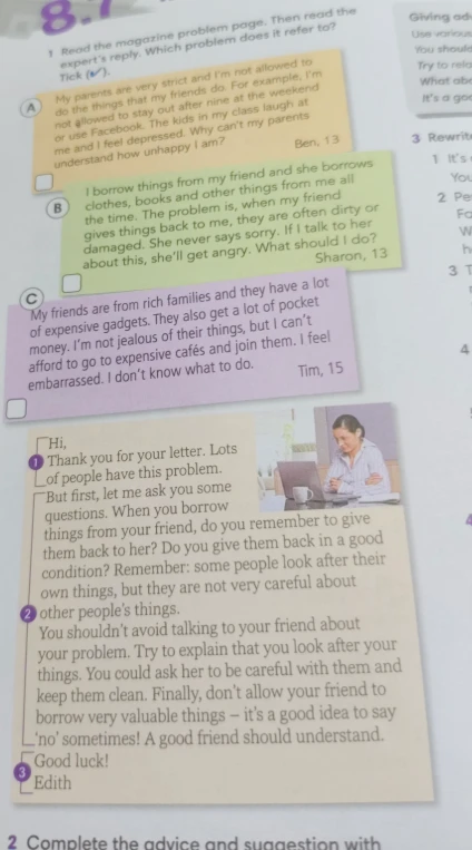 Read the magazine problem page. Then read the expert's reply. Which problem does it refer to? Tick (✔).
