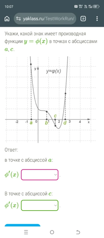 Укажи, какой знак имеет производная функции y = phi(x) в точках с абсциссами a, c.