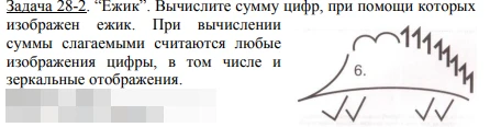 Задача 28-2. “Ежик”. Вычислите сумму цифр, при помощи которых изображен ежик. При вычислении суммы слагаемыми считаются любые изображения цифры, в том числе и зеркальные отображения.