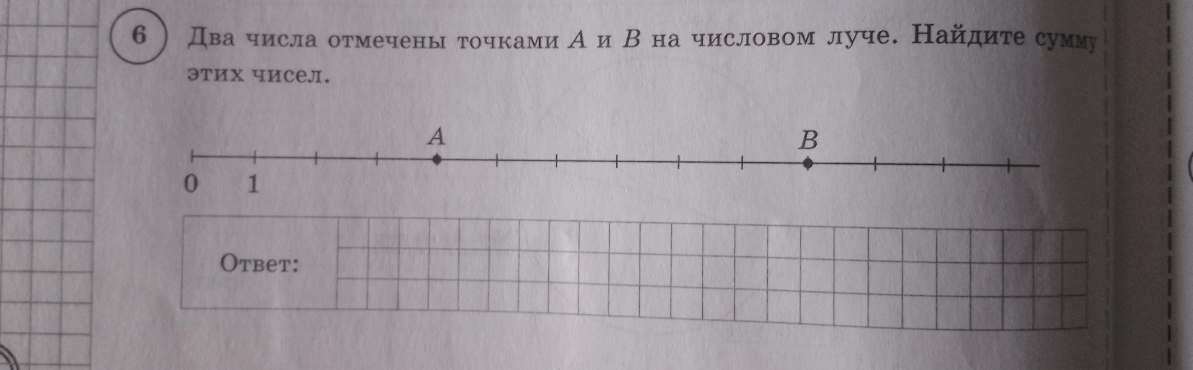 Два числа отмечены точками А и В на числовом луче. Найдите сумму этих чисел.