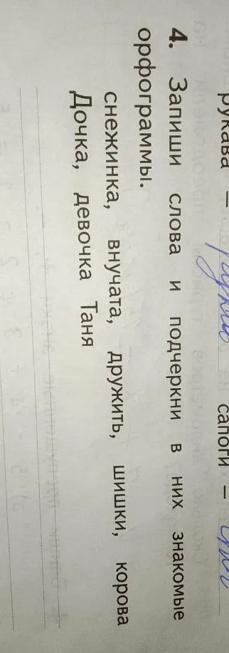 4. Запиши слова и подчеркни в них знакомые орфограммы.