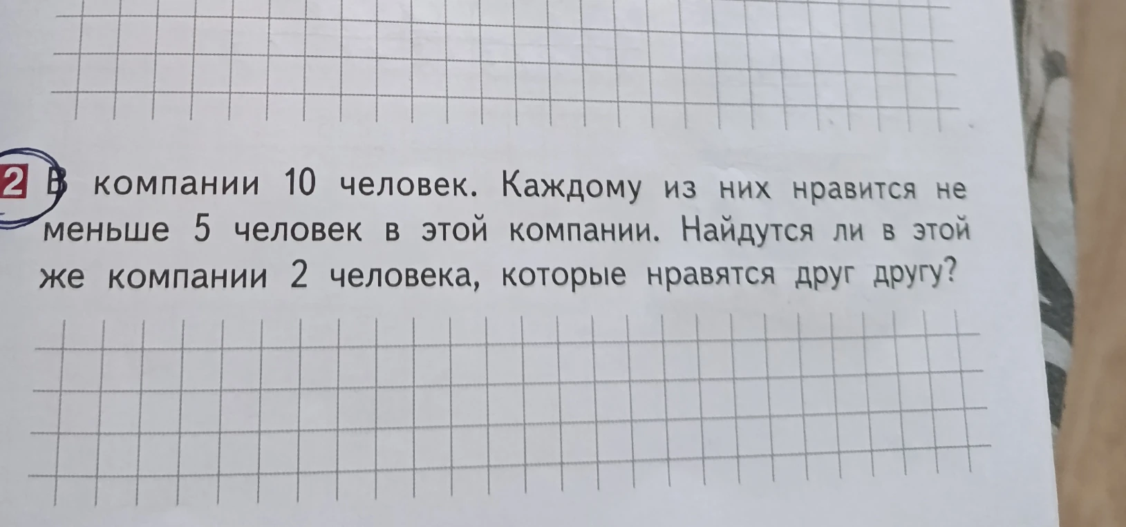 В компании 10 человек. Каждому из них нравится не меньше 5 человек в этой компании. Найдутся ли в этой компании 2 человека, которые нравятся друг другу?