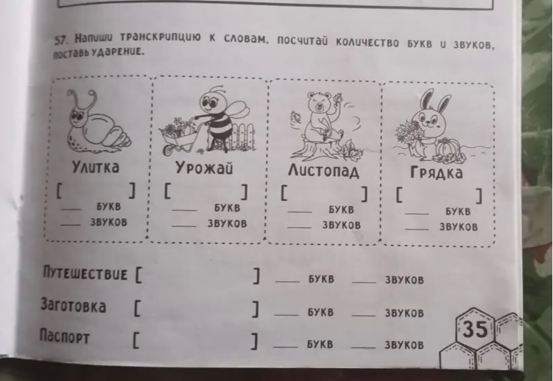 57. Напиши транскрипцию к словам, посчитай количество букв и звуков, поставь ударение.
