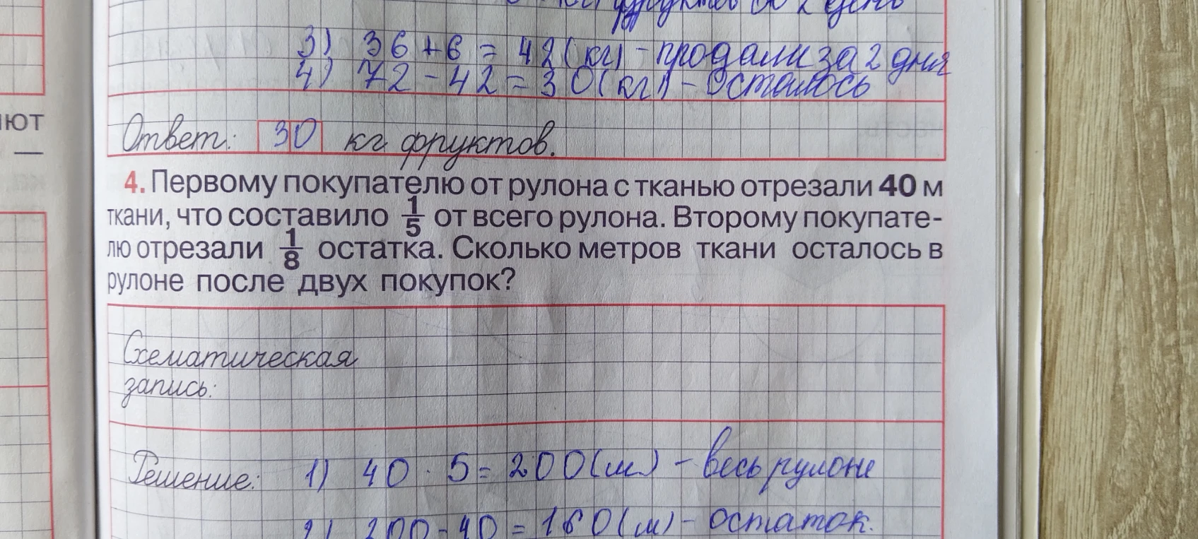 4. Первому покупателю от рулона с тканью отрезали 40 м ткани, что составило 1/5 от всего рулона. Второму покупателю отрезали 1/8 остатка. Сколько метров ткани осталось в рулоне после двух покупок?