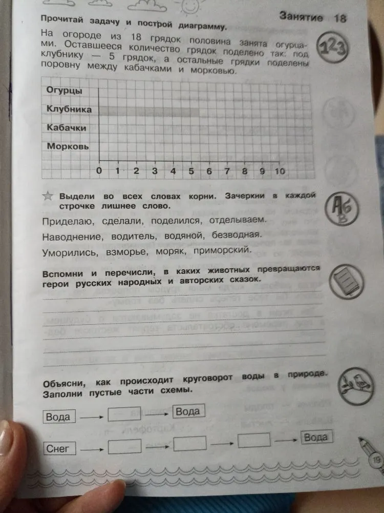 Прочитай задачу и построй диаграмму. На огороде из 18 грядок половина занята огурцами. Оставшееся количество грядок поделено так: под клубнику — 5 грядок, а остальные грядки поделены поровну между кабачками и морковью.