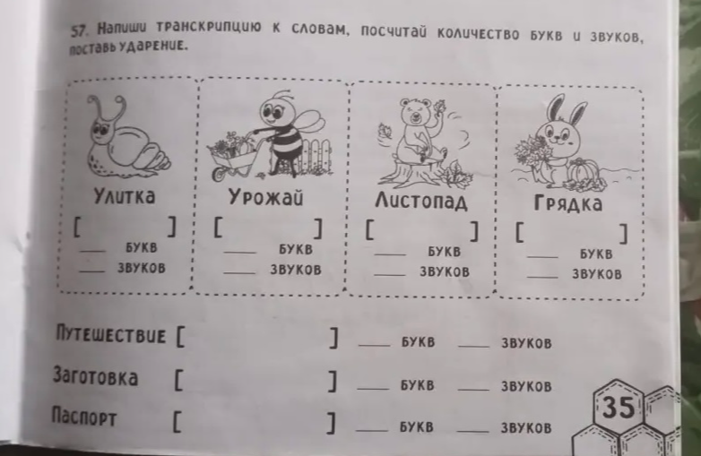 Напиши транскрипцию к словам, посчитай количество букв и звуков, поставь ударение.