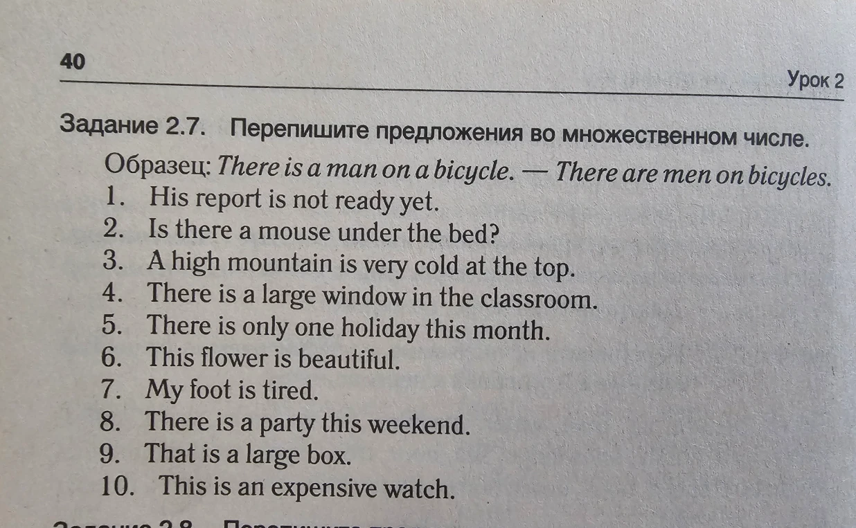Задание 2.7. Перепишите предложения во множественном числе.