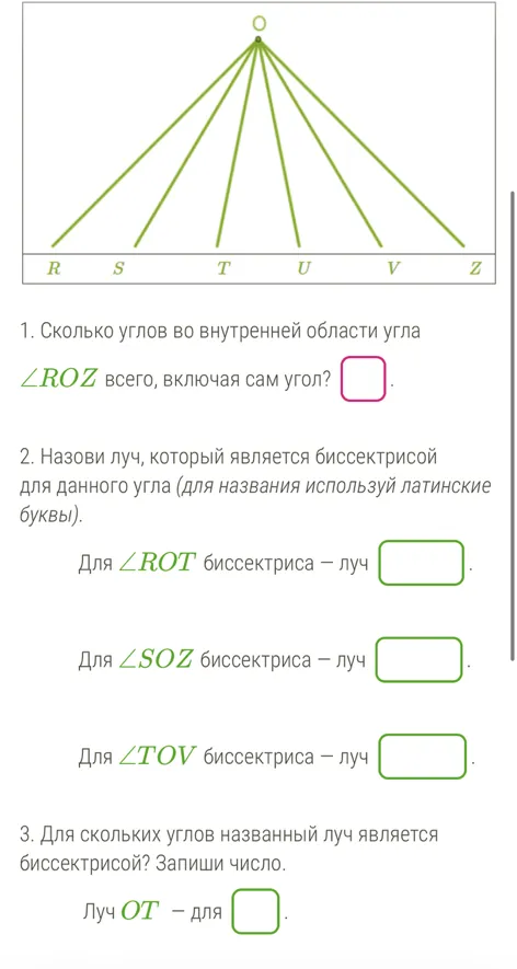 1. Сколько углов во внутренней области угла ∠ROZ всего, включая сам угол?