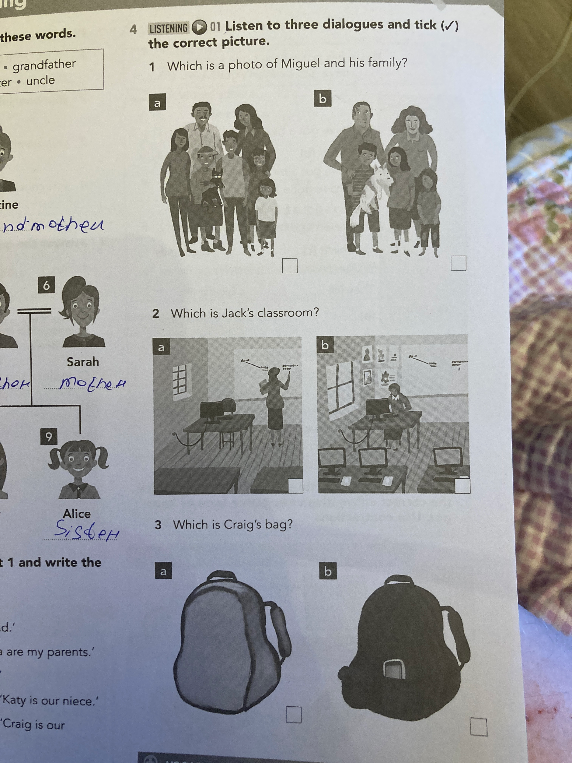 Listen to three dialogues and tick (✓) the correct picture.