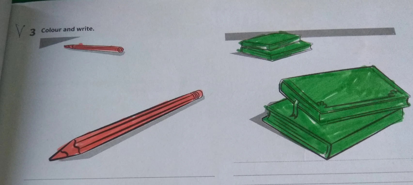 3 Colour and write.