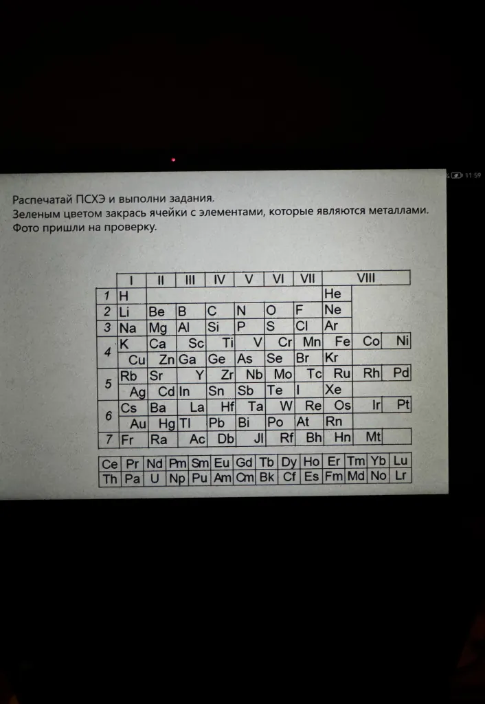 Распечатай ПСХЭ и выполни задания. Зеленым цветом закрась ячейки с элементами, которые являются металлами.