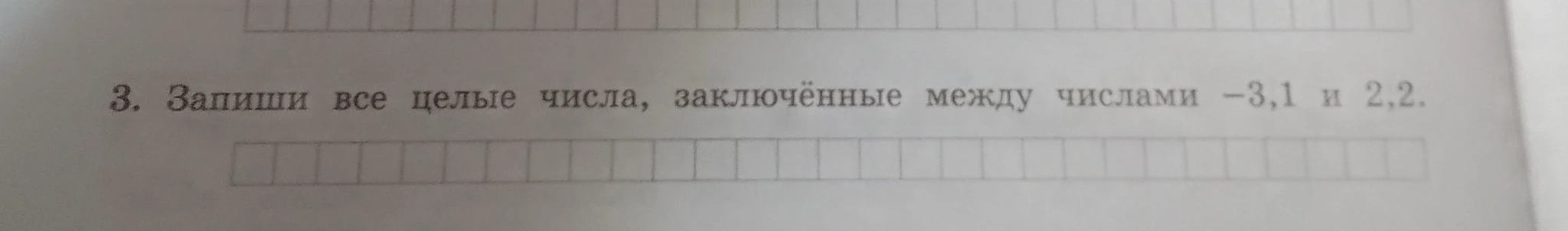 3. Запиши все целые числа, заключённые между числами -3,1 и 2,2.