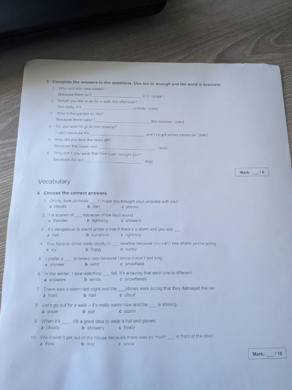 Complete the answers to the questions. Use too or enough and the word in brackets.