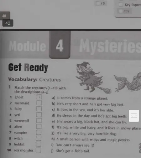 Match the creatures (1-10) with the descriptions (a-j).