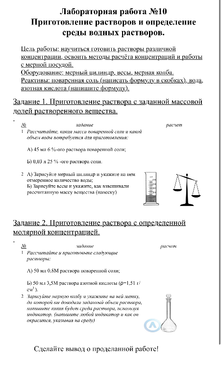 Цель работы: научиться готовить растворы различной концентрации, освоить методы расчёта концентраций и работы с мерной посудой.