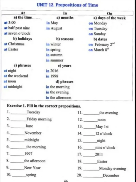 Exercise 1. Fill in the correct prepositions.