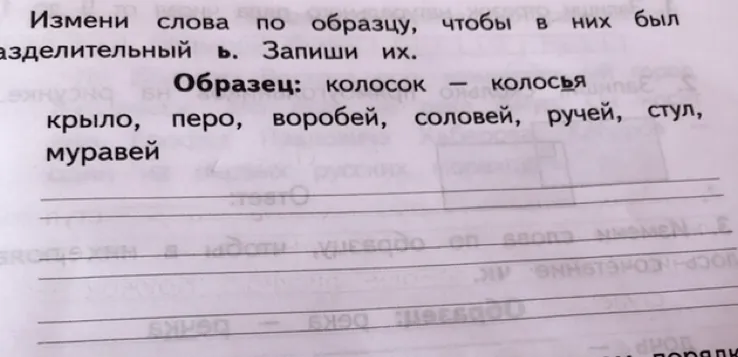 Измени слова по образцу, чтобы в них был разделительный ь. Запиши их. Образец: колосок — колосья