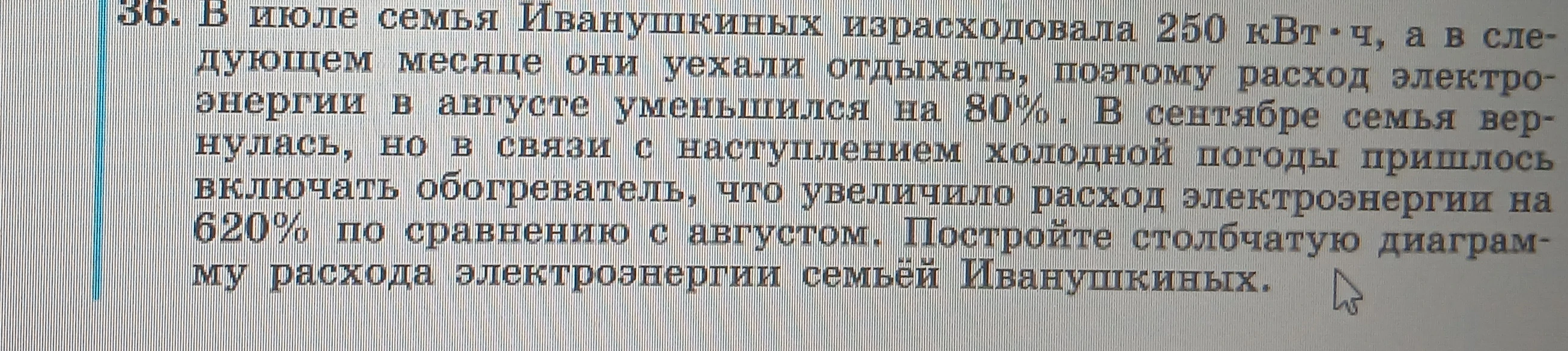 36. В июле семья Иванушкиных израсходовала 250 кВт·ч, а в следующем месяце они уехали отдыхать, поэтому расход электроэнергии в августе уменьшился на 80%. В сентябре семья вернулась, но в связи с наступлением холодной погоды пришлось включать обогреватель, что увеличило расход электроэнергии на 620% по сравнению с августом. Постройте столбчатую диаграмму расхода электроэнергии семьёй Иванушкиных.