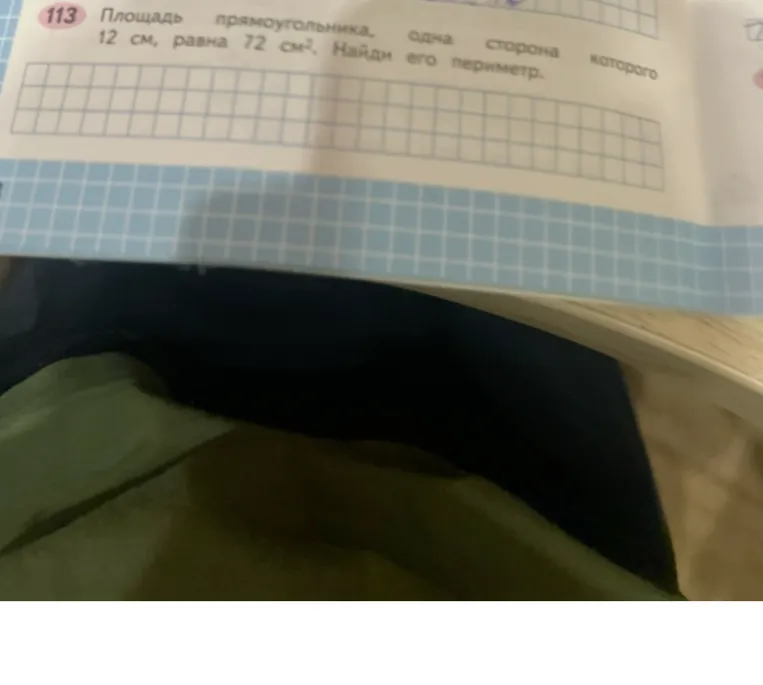 113 Площадь прямоугольника, одна сторона которого 12 см, равна 72 см². Найди его периметр.