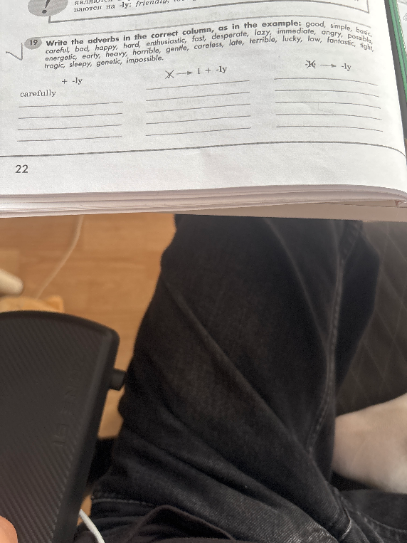 Write the adverbs in the correct column, as in the example: good, simple, basic, careful, bad, happy, hard, enthusiastic, fast, desperate, lazy, immediate, angry, possible, energetic, early, heavy, horrible, gentle, careless, late, terrible, lucky, low, fantastic, tight, tragic, sleepy, genetic, impossible.