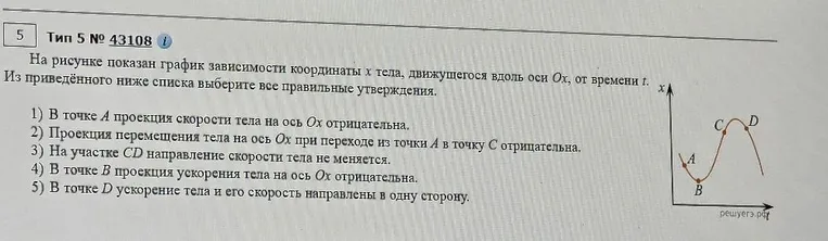 На рисунке показан график зависимости координаты x тела, движущегося вдоль оси Ox, от времени t. Из приведенного ниже списка выберите все правильные утверждения.