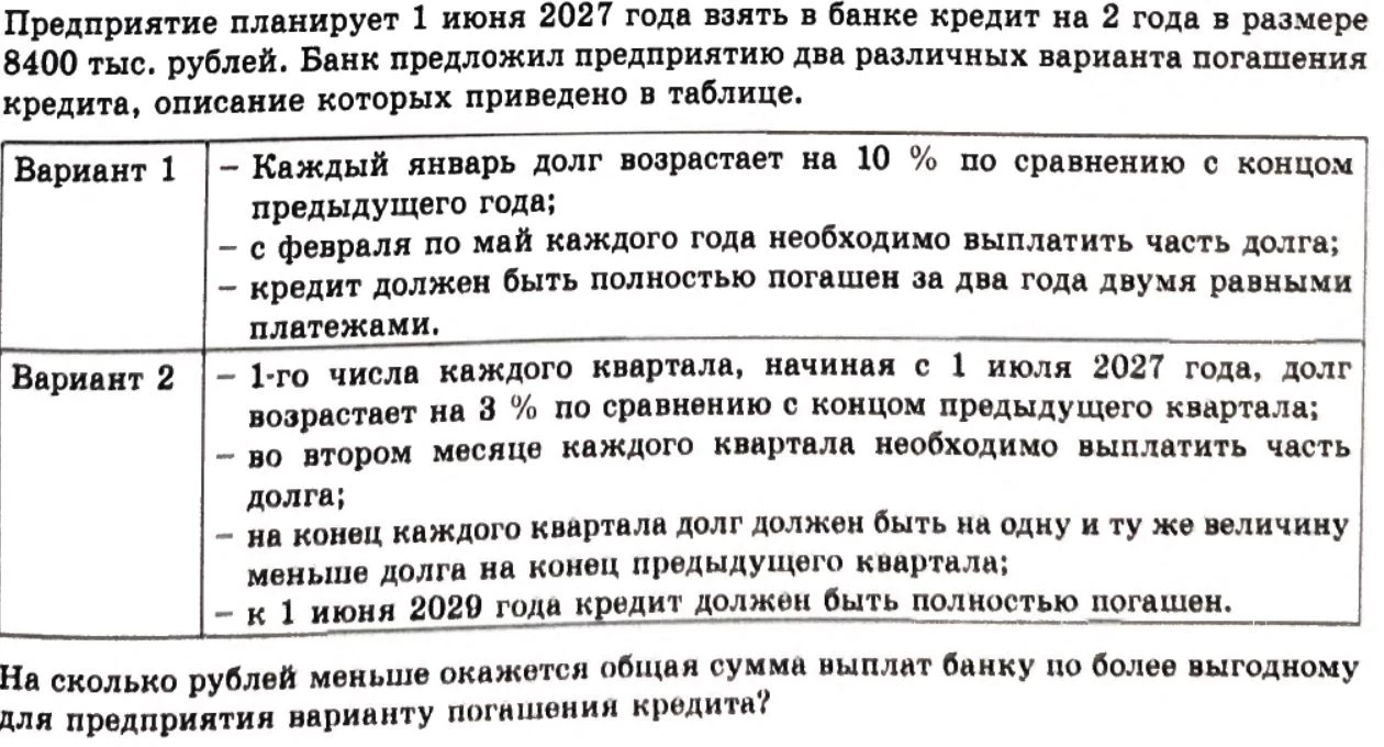 Предприятие планирует 1 июня 2027 года взять в банке кредит на 2 года в размере 8400 тыс. рублей. Банк предложил предприятию два различных варианта погашения кредита