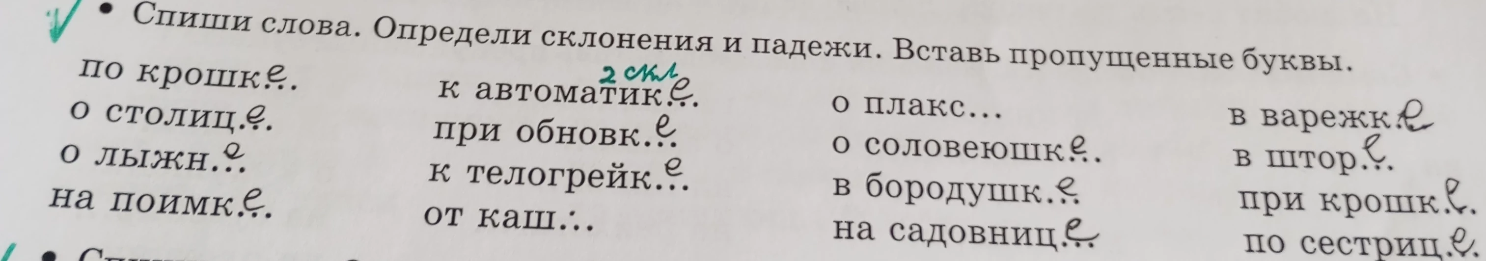 Спиши слова. Определи склонения и падежи. Вставь пропущенные буквы.