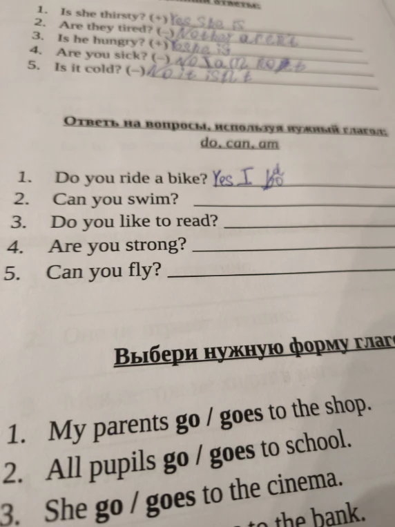 Ответь на вопросы, используя нужный глагол: do, can, am. Выбери нужную форму глагола.