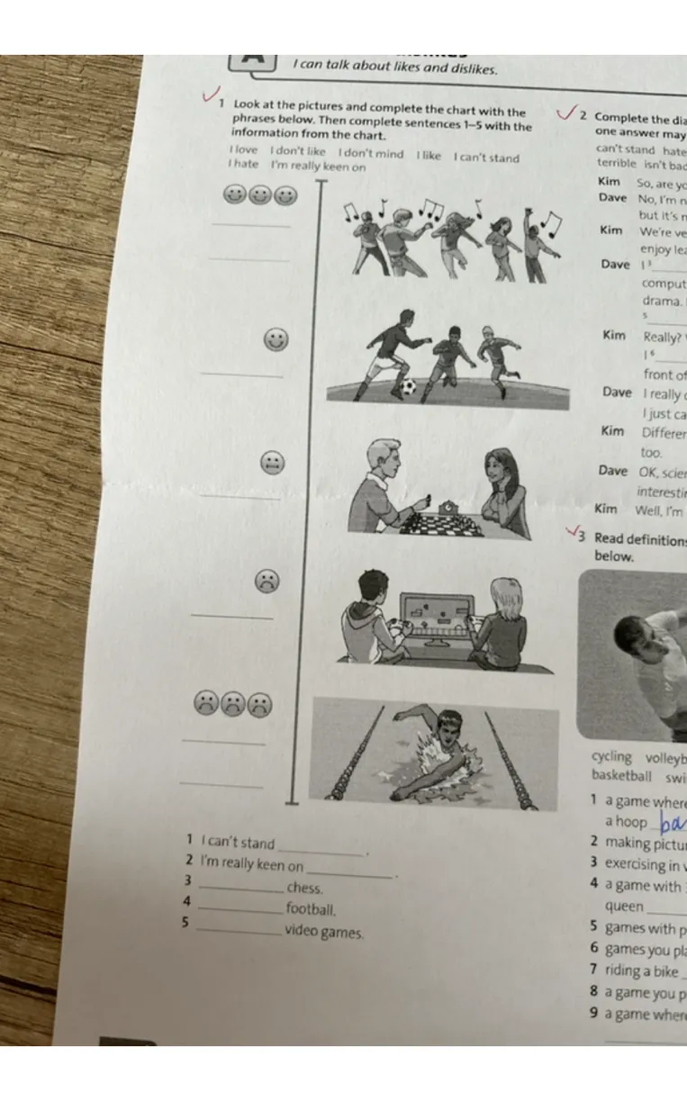 Look at the pictures and complete the chart with the phrases below.