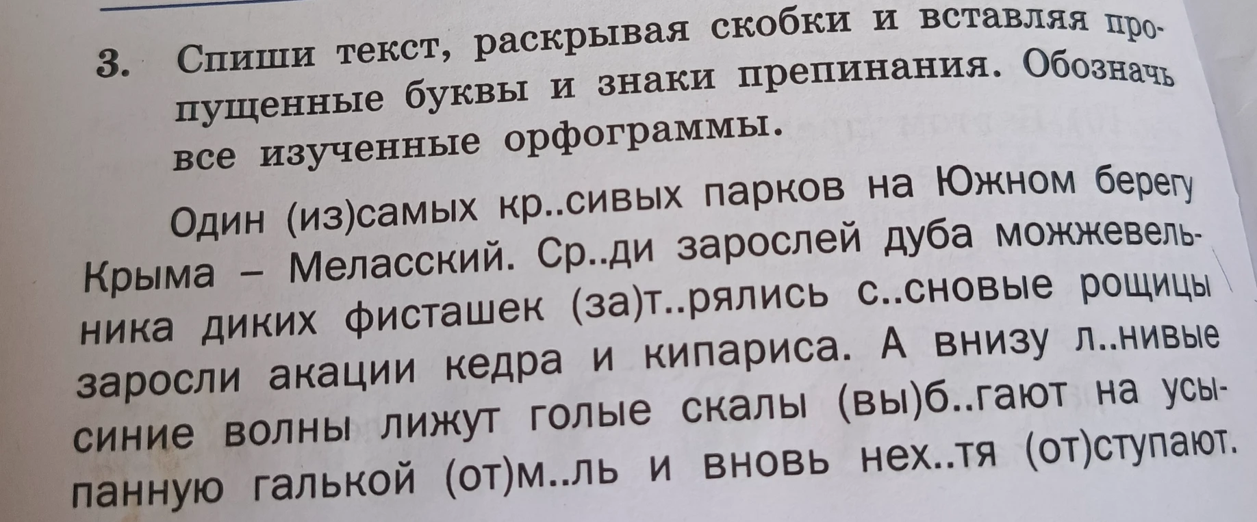 3. Спиши текст, раскрывая скобки и вставляя пропущенные буквы и знаки препинания. Обозначь все изученные орфограммы.