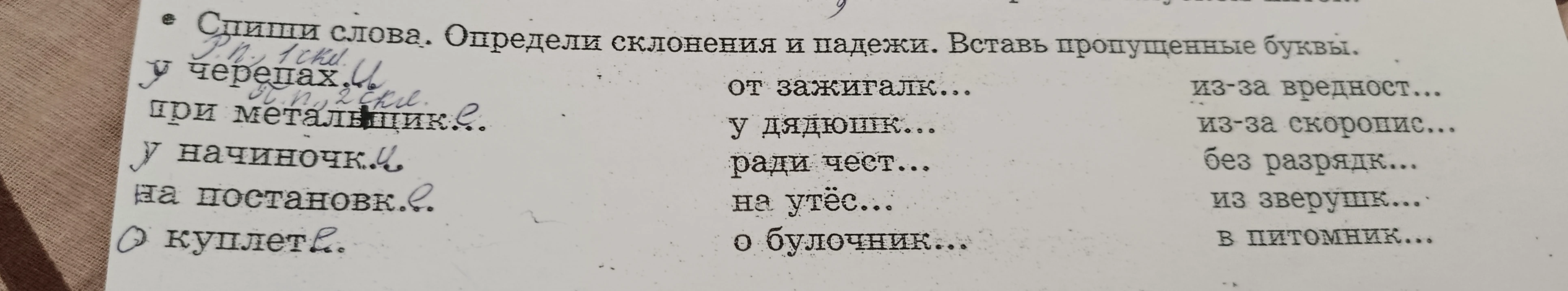 Спиши слова. Определи склонения и падежи. Вставь пропущенные буквы.