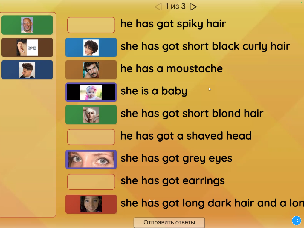 Match the following descriptions with the pictures: he has got spiky hair, he has got a shaved head, she has got earrings.