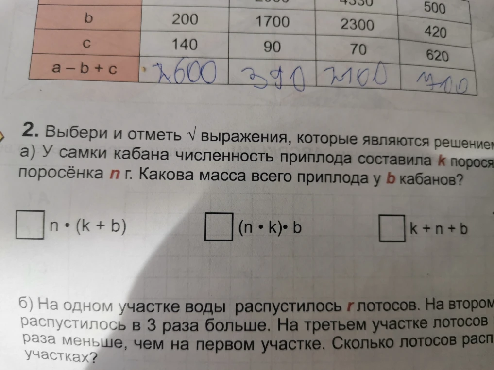 Выбери и отметь √ выражения, которые являются решением а) У самки кабана численность приплода составила k поросят, масса каждого поросёнка n кг. Какова масса всего приплода у b кабанов?