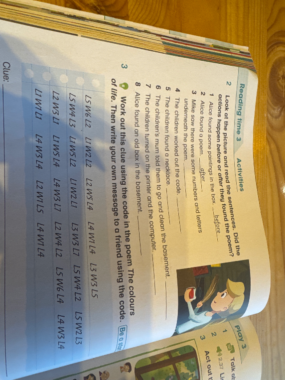 Look at the picture and read the sentences. Did the actions happen before or after they found the poem?