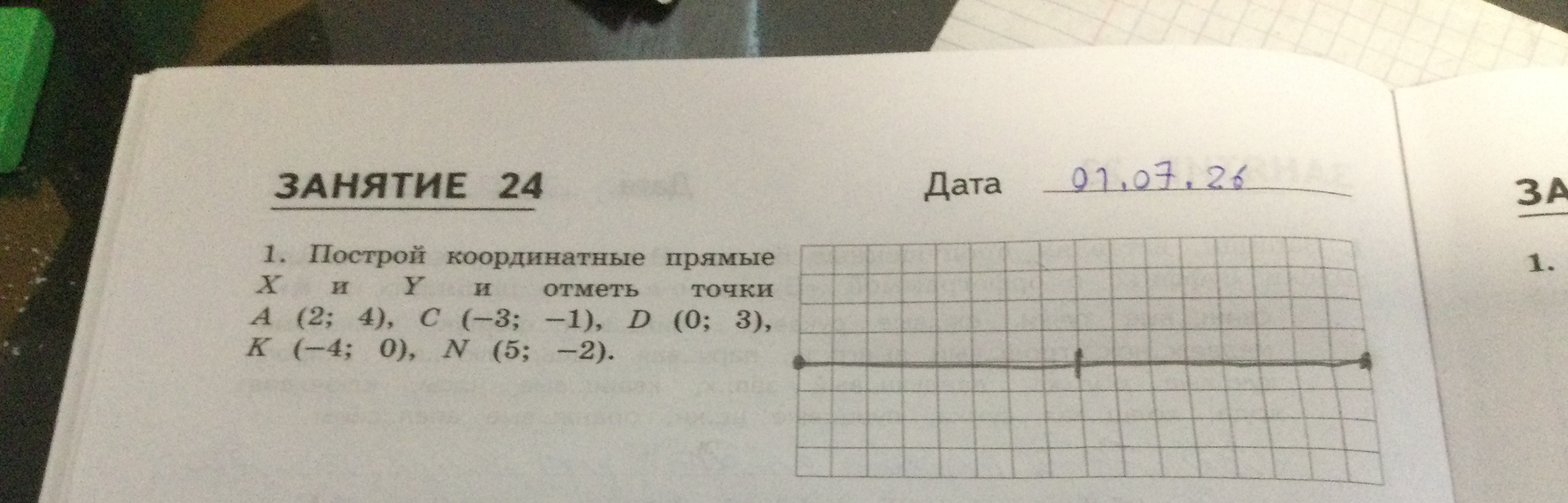 1. Построй координатные прямые X и Y и отметь точки A (2; 4), C (-3; -1), D (0; 3), K (-4; 0), N (5; -2).