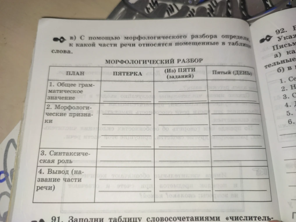 в) С помощью морфологического разбора определи, к какой части речи относятся помещенные в таблице слова.