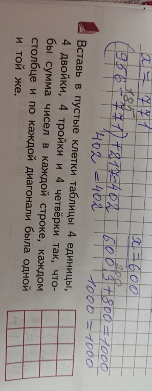 Вставь в пустые клетки таблицы 4 единицы, 4 двойки, 4 тройки и 4 четвёрки так, чтобы сумма чисел в каждой строке, каждом столбце и по каждой диагонали была одной и той же.