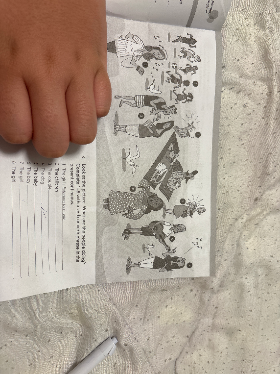 Look at the picture. What are the people doing? Complete 1-8 with a verb or verb phrase in the present continuous.